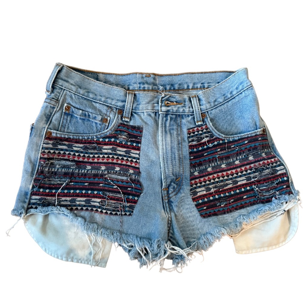 LF Blue and Red Jean Aztec Vintage Shorts with Distressed Hem